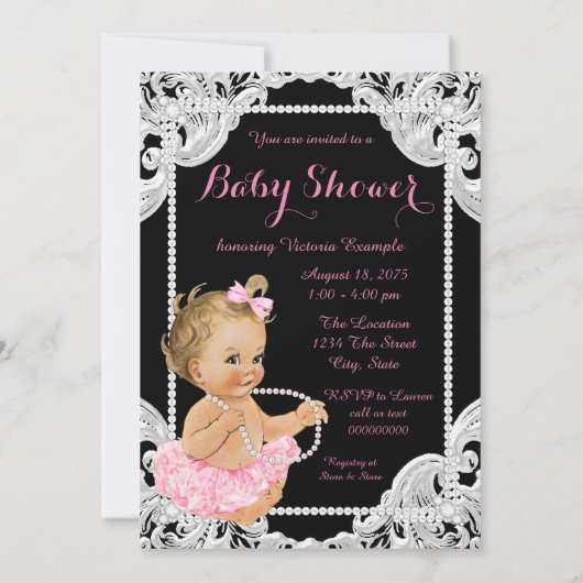 Elegante Roze Zwarte Parel Baby Meisje Douche Kaart (Achterkant)