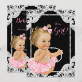 Elegante Roze Zwarte Parel Baby Meisje Douche Kaart (Voorkant / Achterkant)
