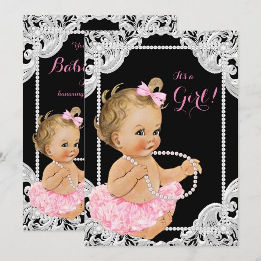 Elegante Roze Zwarte Parel Baby Meisje Douche Kaart (Voorkant / Achterkant)