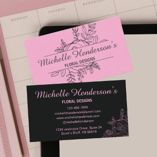 Elegante Roze & Zwarte Roos Illustratie Bloemist Visitekaartje
