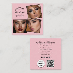 Elegante Roze Zwarte Script 3 Foto Make-up Squ Vierkante Visitekaartje