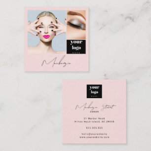 Elegante Roze Zwarte Script 3 Foto Make-up Vierkante Visitekaartje