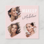 Elegante roze zwarte script 3 foto make-up vierkante visitekaartje (Voorkant)
