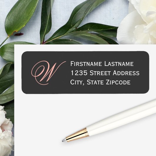Elegante Roze Zwarte Script Monogram Adres Etiket