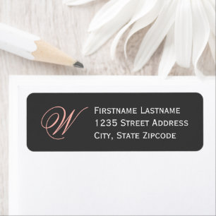 Elegante Roze Zwarte Script Monogram Adres Etiket