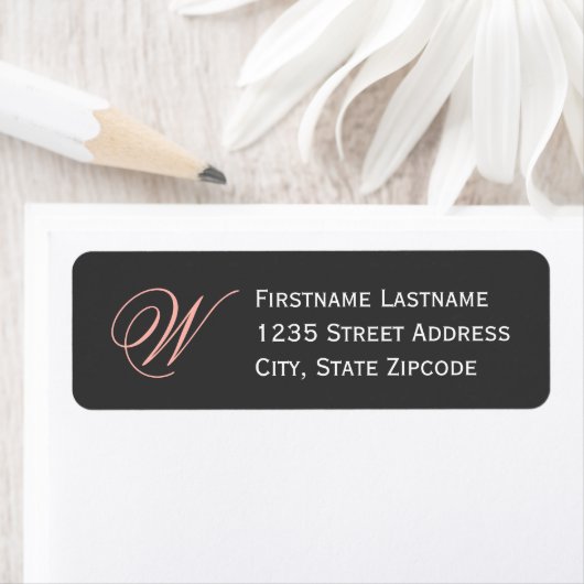 Elegante Roze Zwarte Script Monogram Adres Etiket (Insitu)