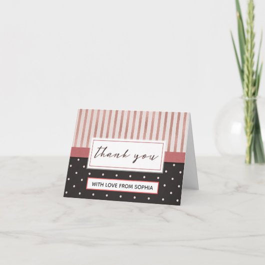 Elegante roze zwarte strepen stippen dank je wel bedankkaart (Voorkant)