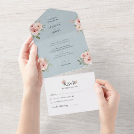 Elegante Rozen Bewerkbaar Blauw Bruiloft All In One Uitnodiging