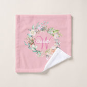 Elegante Rozen Bloem Roze Schrift Monogram Bad Handdoek (Wasdoekje)