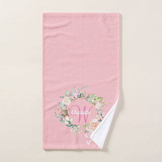 Elegante Rozen Bloem Roze Script Monogram Bad Handdoek (Handdoek)