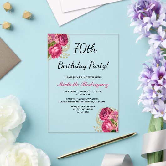 Elegante Rozen Bloemen 70ste Verjaardagsfeest Acryl Uitnodigingen (Insitu (Huwelijk))