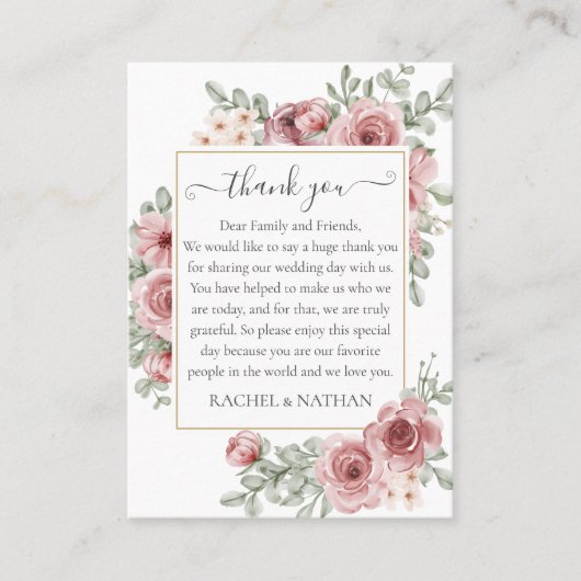 Elegante Rozen Bloemen bruiloft Dank u Plaatskaartje (Voorkant)