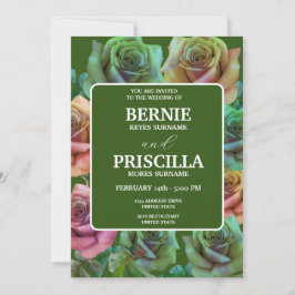 Elegante Rozen Bloemen En Witte Tekst Groene Trouw Kaart