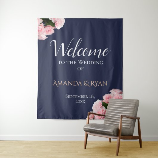 Elegante Rozen Bloemen Huwelijk Welkom achtergrond Wandkleed (In situ)
