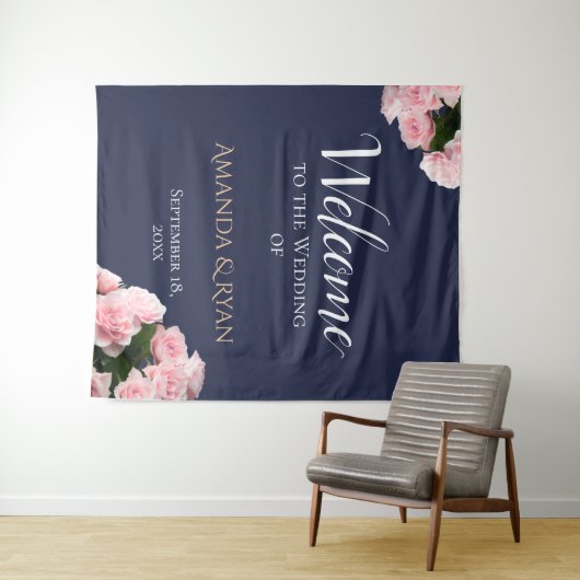 Elegante Rozen Bloemen Huwelijk Welkom achtergrond Wandkleed (In Situ (horizontaal))