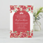 Elegante Rozen Bloemen Rode Quinceanera Kaart (Staand voorkant)