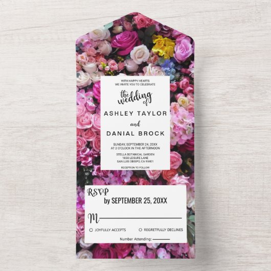 Elegante Rozen Bloemen Zomer Bloemen Huwelijk All In One Uitnodiging (Binnen)