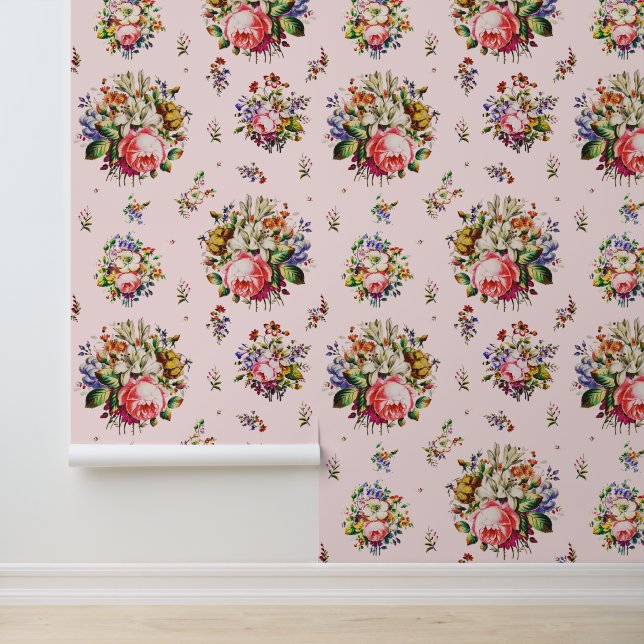 Elegante  Rozen Bloemenpatroon op Roze Behang (Applicatie)