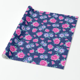 Elegante Rozen Bloemenroze Paarse blauw Patroon Cadeaupapier