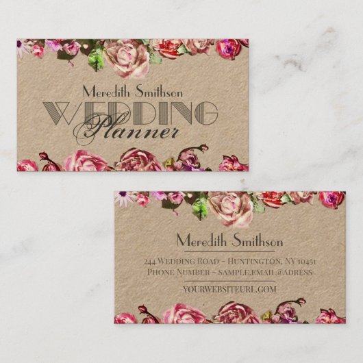 Elegante Rozen Bloemige Professionele Trouwplanner Visitekaartje (Voorkant / Achterkant)