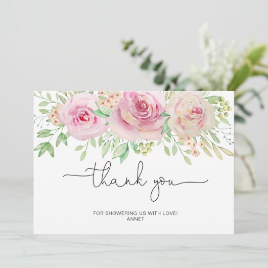 Elegante rozen bruidsshower bedankkaart (Staand voorkant)
