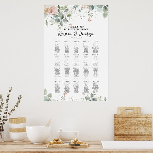 Elegante rozen bruiloft zitgrafiek 20 tafels poster (Keuken)