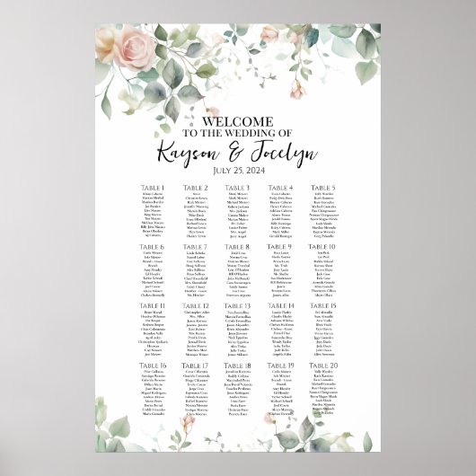 Elegante rozen bruiloft zitgrafiek 20 tafels poster (Voorkant)