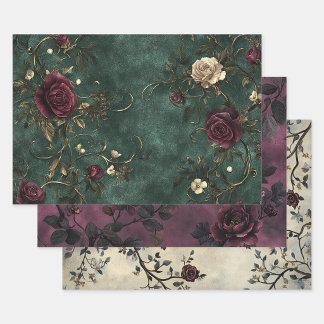 Elegante rozen. Diep groen, dieproze, crème. Inpakpapier Vel