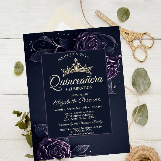 Elegante Rozen Donker Gotisch Quinceañera Kaart