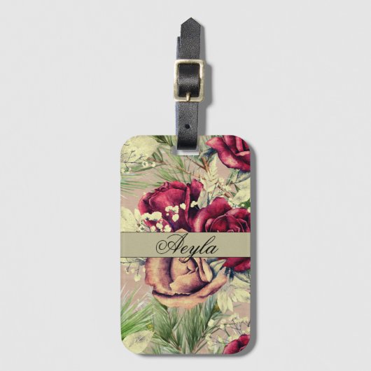  elegante Rozen en dennen op hout Bagagelabel (Voorkant (verticaal))