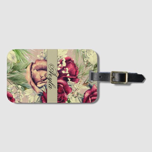 elegante Rozen en dennen op hout Bagagelabel (Voorkant (horizontaal))