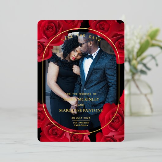 Elegante Rozen en foto Folie Save The Date Folie Uitnodiging (Staand Voorkant)