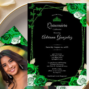 Elegante Rozen en Kroon Groene Quinceanera Kaart