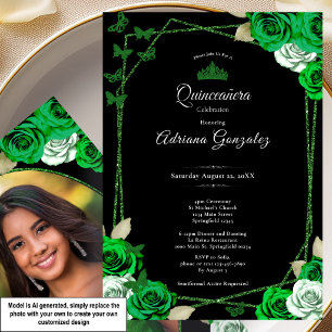 Elegante Rozen en Kroon Groene Quinceanera Kaart