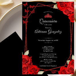 Elegante Rozen en Kroon Rode Quinceanera  Kaart