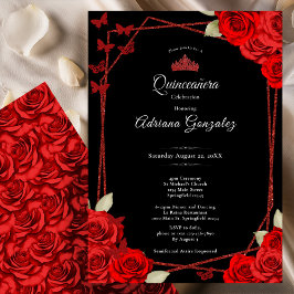 Elegante Rozen en Kroon Rode Quinceanera Kaart