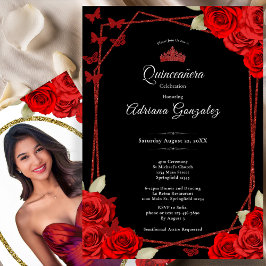Elegante Rozen en Kroon Rode Quinceanera Kaart