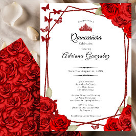 Elegante Rozen en Kroon Rode Quinceanera Kaart