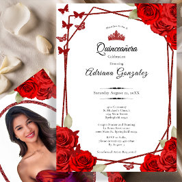 Elegante Rozen en Kroon Rode Quinceanera Kaart