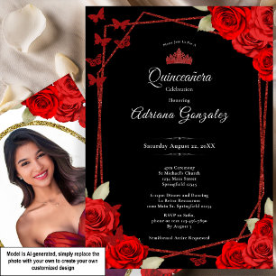 Elegante Rozen en Kroon Rode Quinceanera Kaart