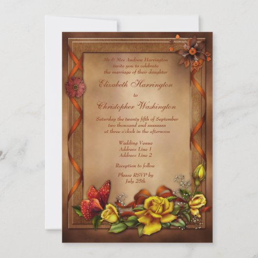 Elegante Rozen en vlinderbruiloft Kaart (Achterkant)