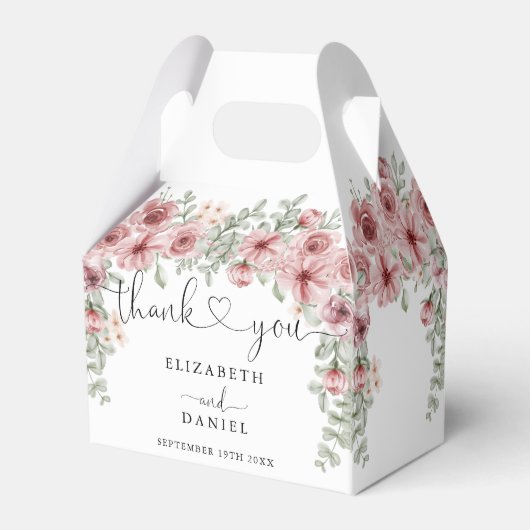 Elegante Rozen Floral Heart Script Bruiloft Bedankdoosjes (Achterkant)