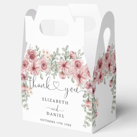 Elegante Rozen Floral Heart Script Bruiloft Bedankdoosjes (Geopend)