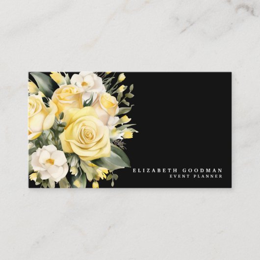 Elegante Rozen Geel Zwarte Bloemen Visitekaartjes (Voorkant)