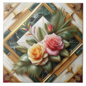 Elegante Rozen met decoratieve bladeren op marmer Tegeltje (Voorkant)
