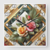 Elegante Rozen met decoratieve bladeren op marmer Vierkante Klok (Voorkant)