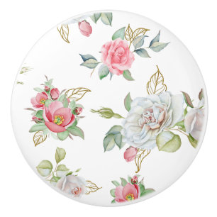 Elegante Rozen met goudgegraveerde bladeren Keramische Knop