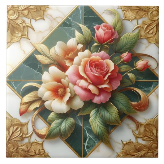 Elegante Rozen met groene achtergrond en gouden si Tegeltje (Voorkant)