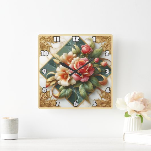 Elegante Rozen met groene achtergrond en gouden si Vierkante Klok (Huis)
