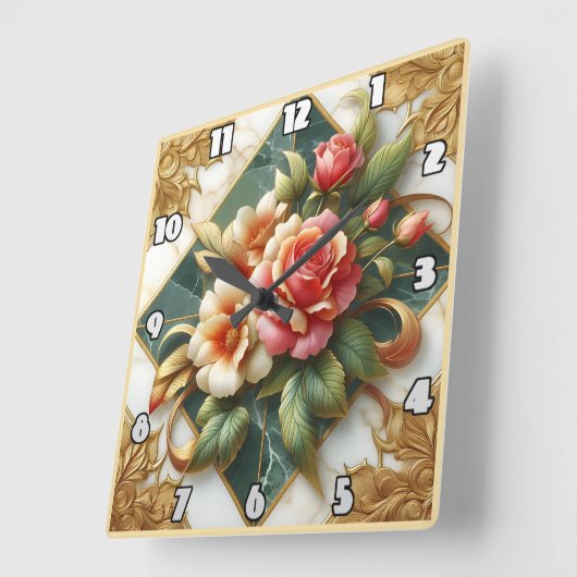 Elegante Rozen met groene achtergrond en gouden si Vierkante Klok (Hoek)